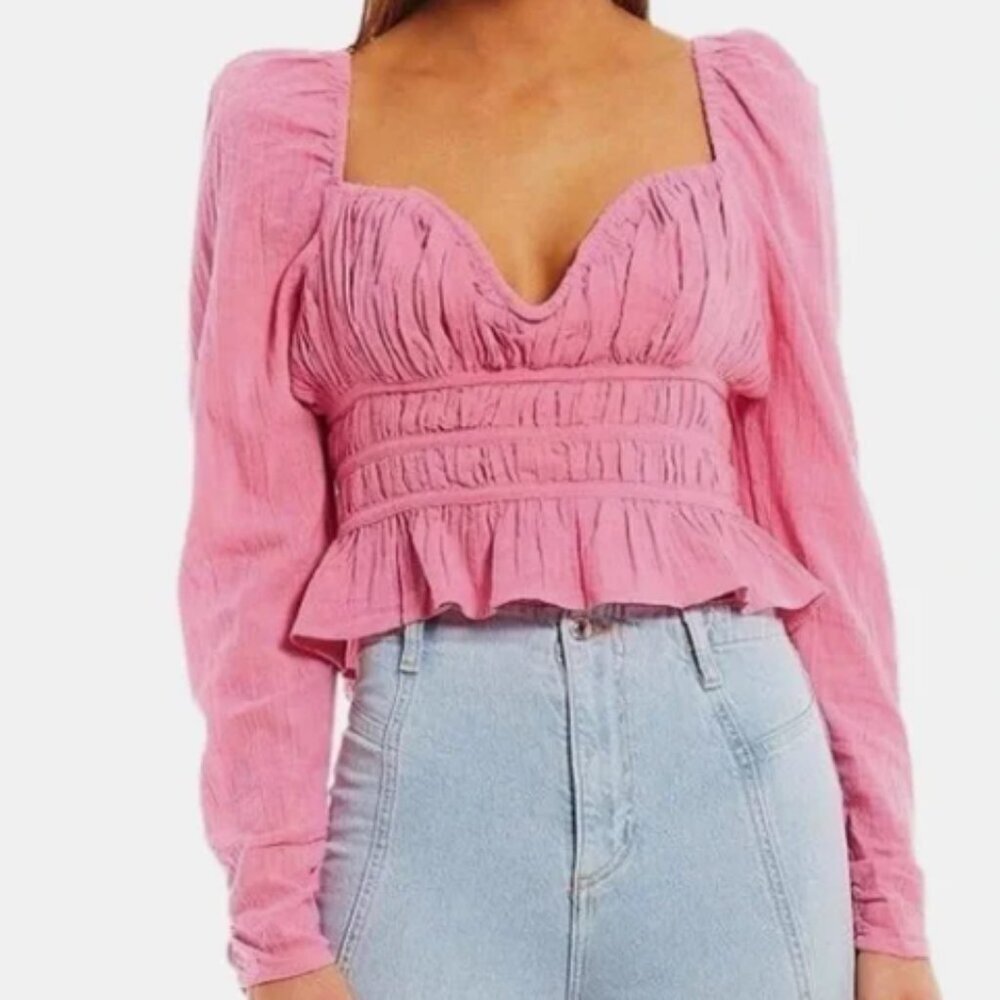 Free People Rose Pink Smocked Peplum Long-Sleeve Blouse
